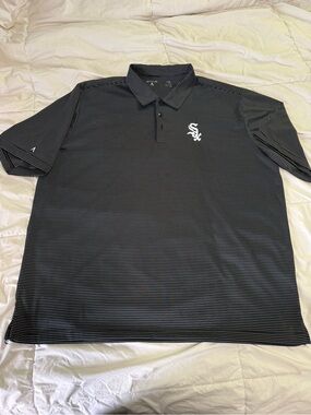 Antigua Black Striped Polo Shirt with White Logo - Men's
